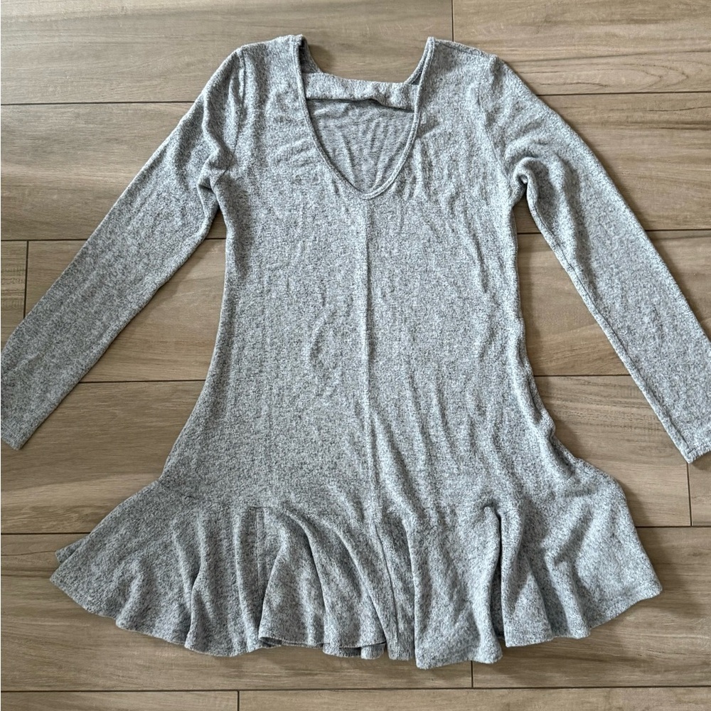 Gray Long Sleeve Ruffle Hem Dress sweater dress - Picture 3 of 4